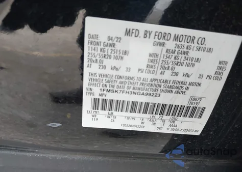 2022 Ford Explorer Limited z USA, uszkodzony, nr VIN 1FMSK7FH3NGA99223